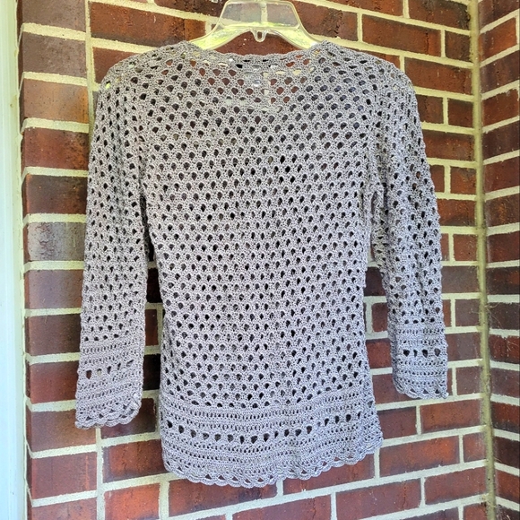 Gray Cardigan Crochet Open Knit Sweater Pursuits PS Petite - Picture 4 of 5